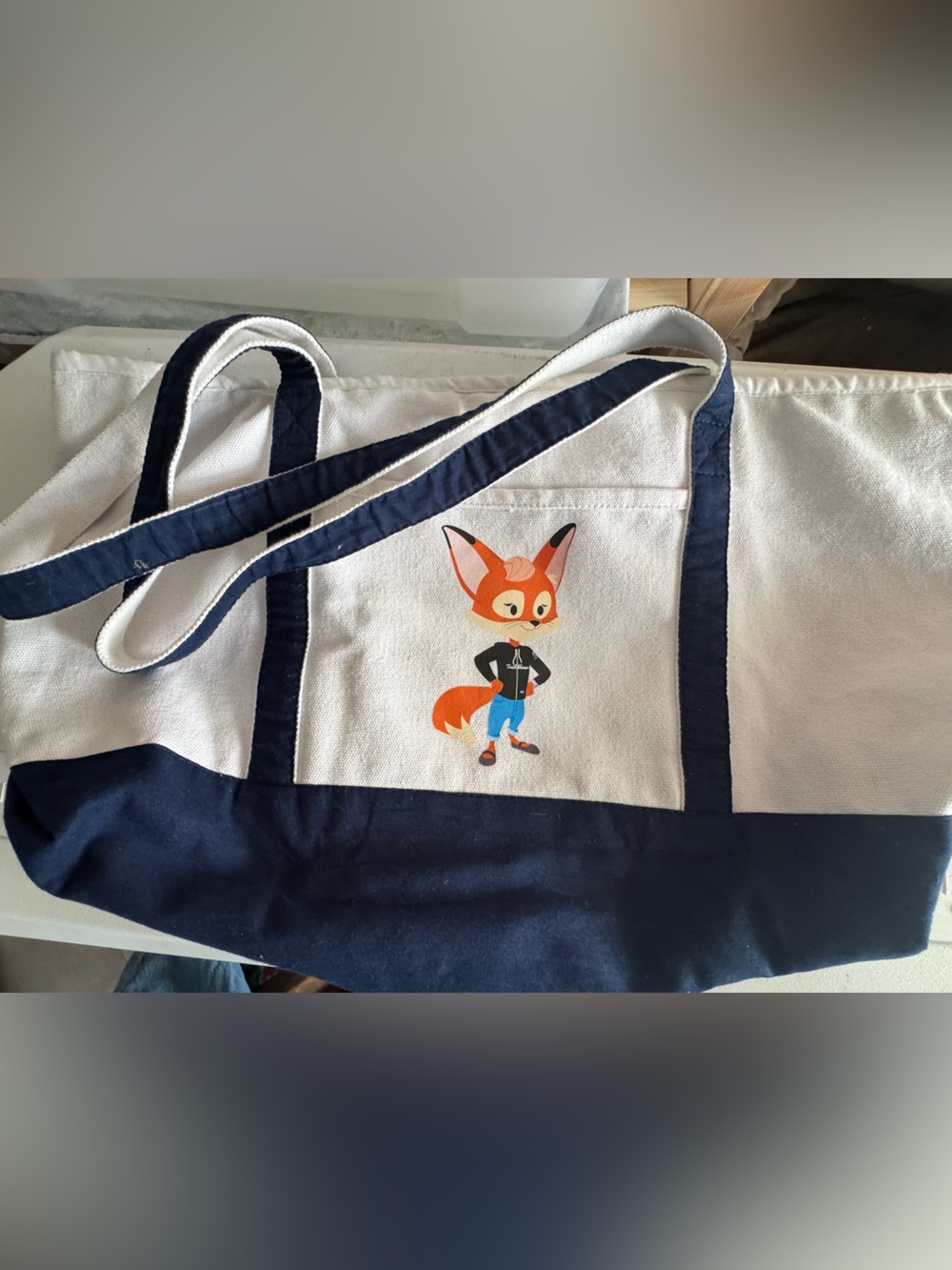 Kids Navy and Cream Fox Print Canvas Tote - Unbranded